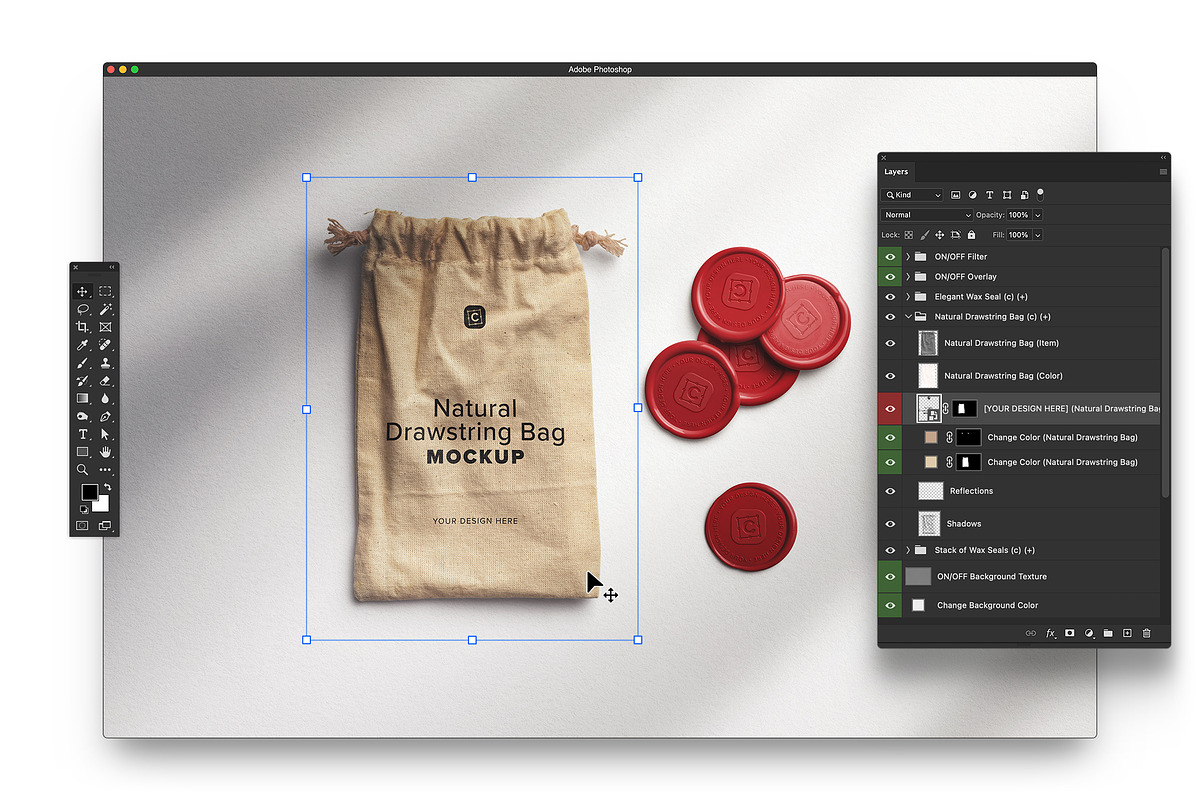 Drawstring Bag with Wax Seals Mockup, an Advertising Mockup by Custom Scene (Photo 7 of 11)