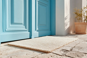 Front entrance featuring blue doors with a natural fiber doormat in a sunlit se, a Photo by AlyaAnd