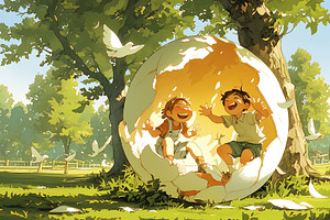 Two joyful children playing inside a large cracked egg outdoors on a sunny day, an Illustration by AS photostudio