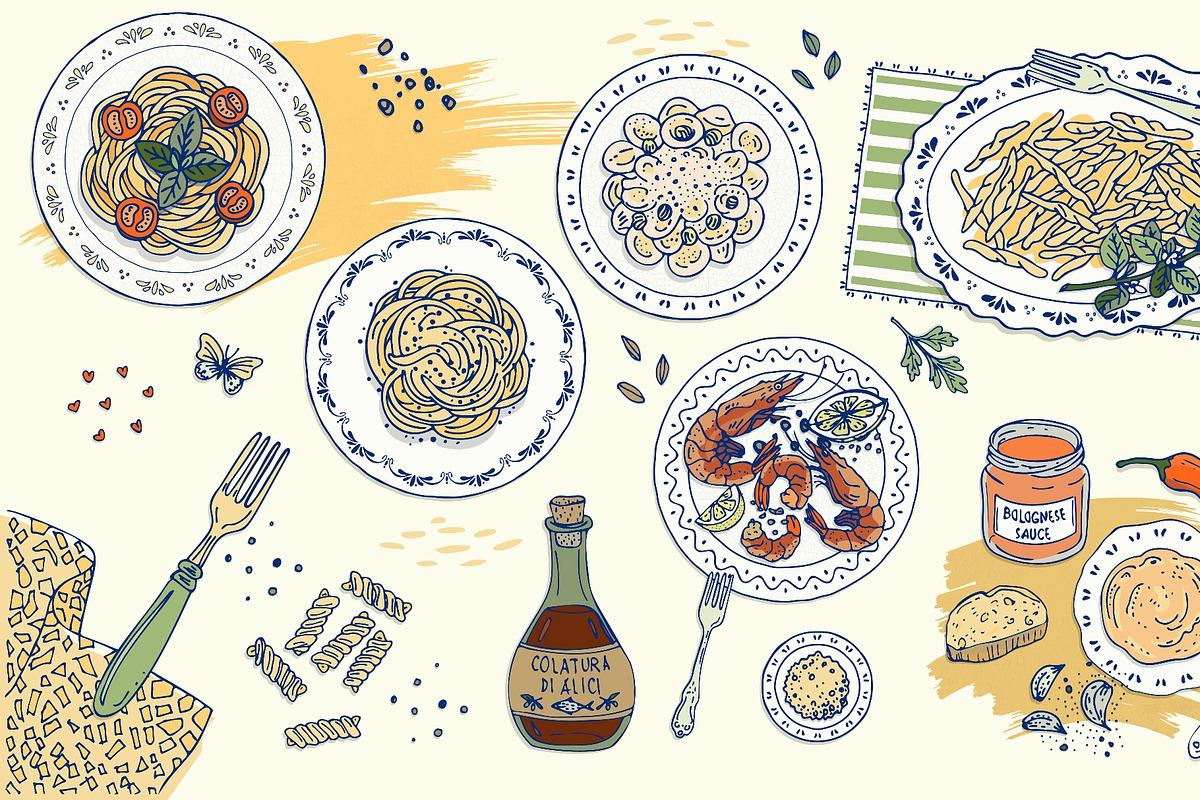 Hand drawn italian pasta food set, a Food Illustration by Zimages (Photo 3 of 3)