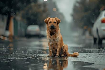 Wet homeless dog on a street in the rain, an Animal Photo by AlyaAnd