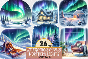 Watercolor Northern Lights Clipart, an Illustration by Rose Art