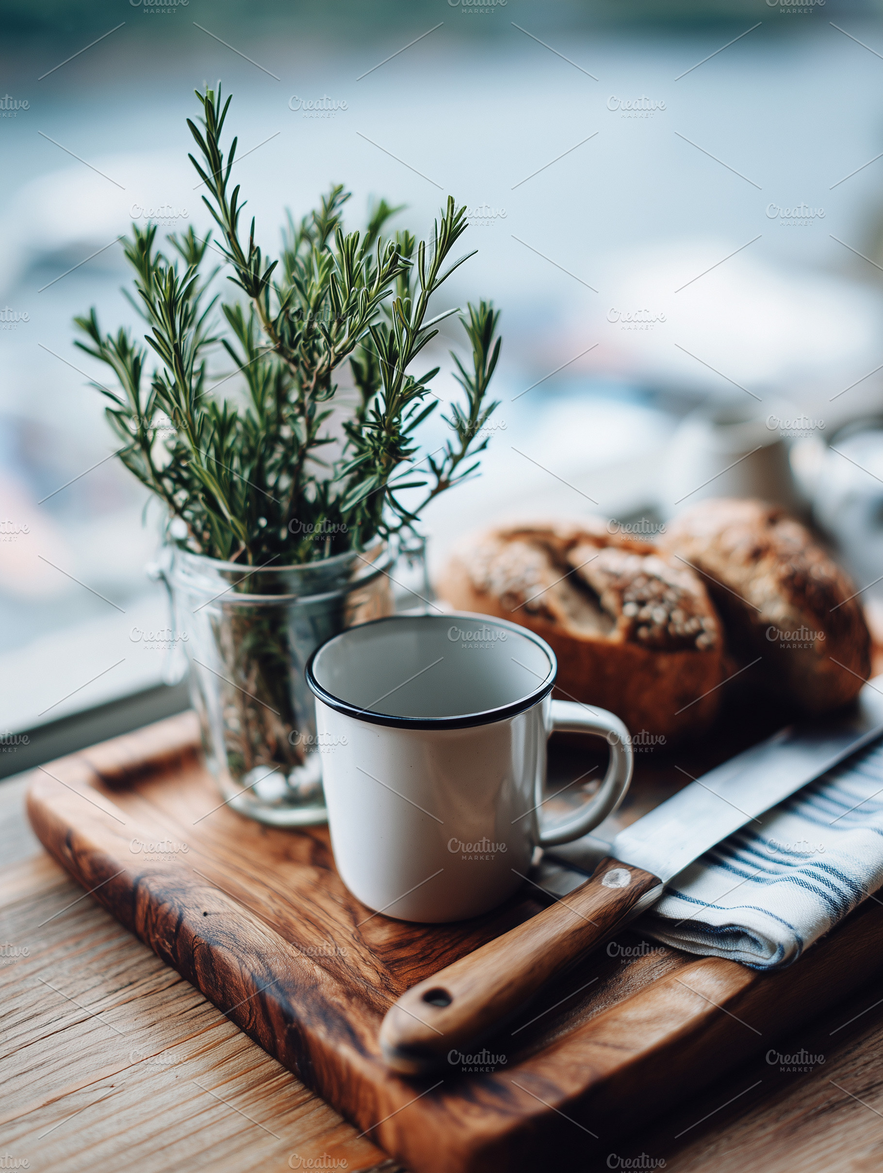 Rustic breakfast with cup, bread, a Food & Drink Photo by MistyDay