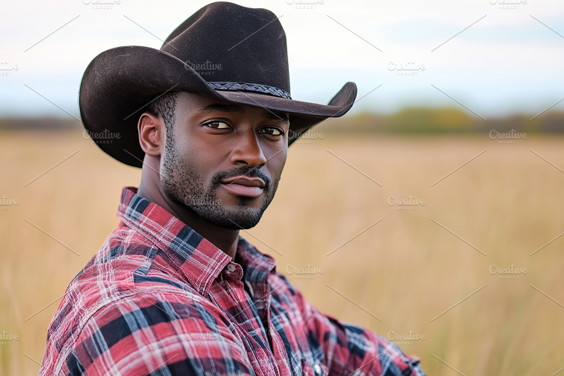 Mature black american cowboy poses confidently in the open field during golden, a Person Photo by AlyaAnd