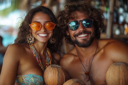 Smiling couple enjoying tropical dri, a Photo by Tanuart