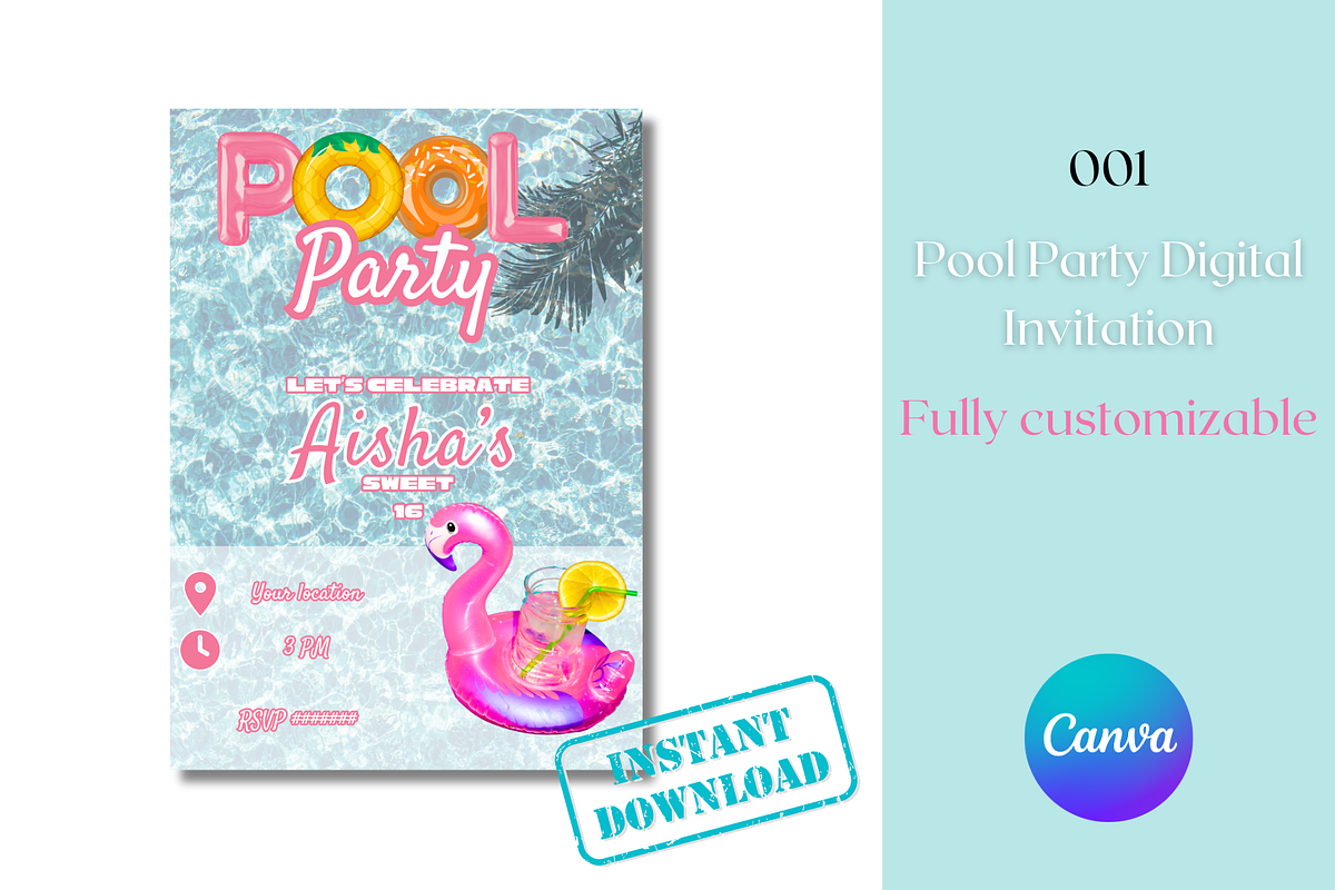 Pool Party Digital Invitation, an Invitation Template by Contento BH