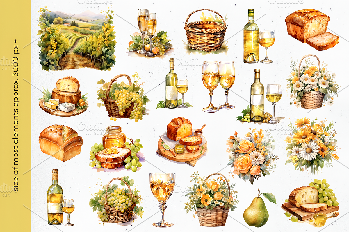 Vineyard Picnic Watercolor Clipart, a Food Illustration by foxsong (Photo 5 of 11)
