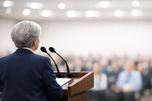 Woman speaker addressing audience in, a Photo by Dvoevnore photos