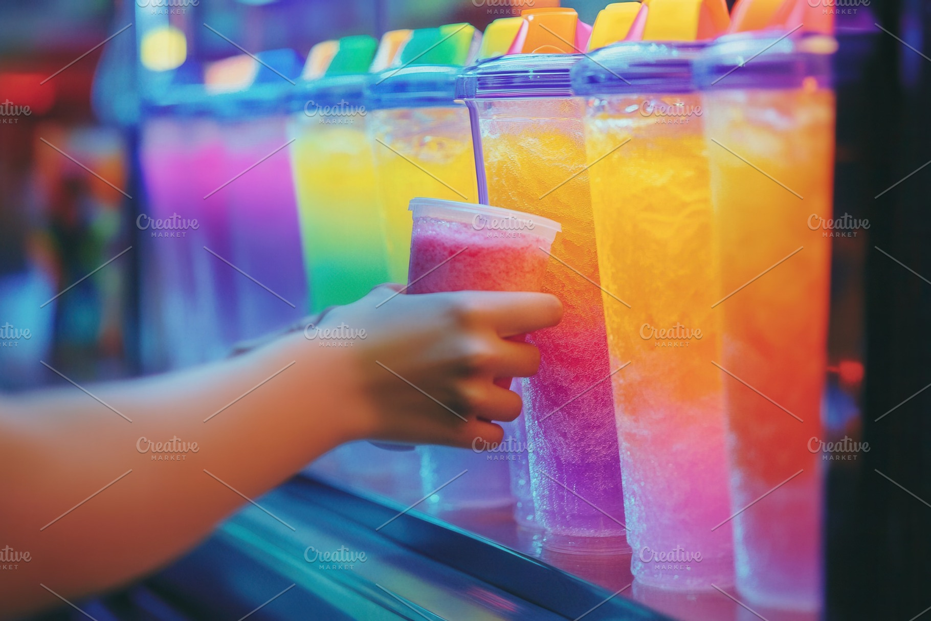 Person picks from rainbow slushies, a Photo by Pavel_design