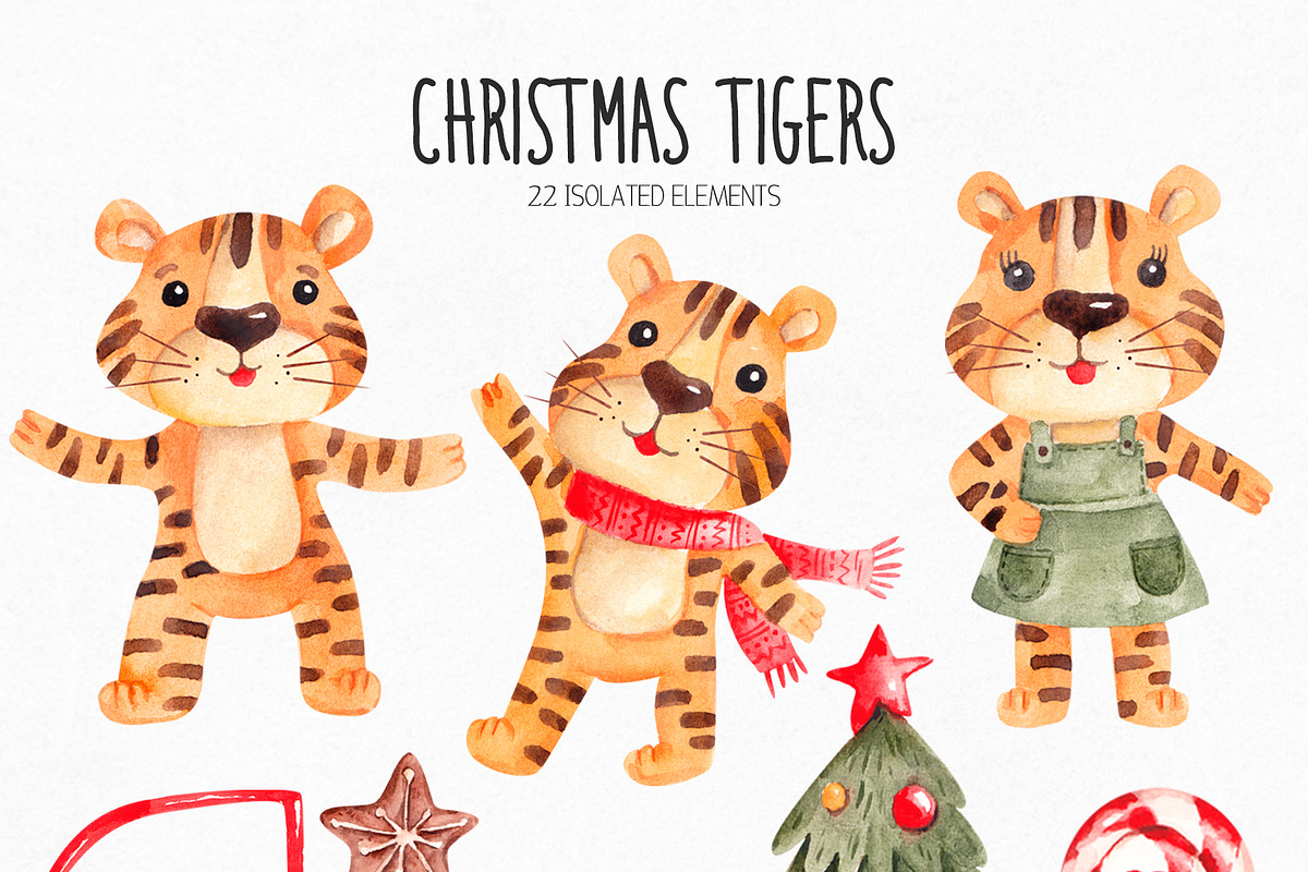 Watercolor Christmas Tiger Clipart, an Illustration by YuliyaArtGarden (Photo 2 of 10)