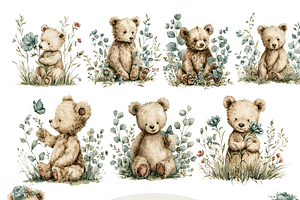 Floral Teddy Bears Clipart, a Decorative Illustration by Pati Charm Studio