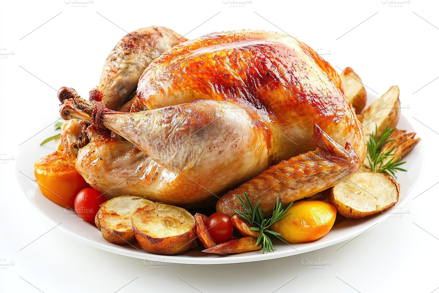 Tasty roasted turkey in plate on white background. Thanksgiving day, a Food & Drink Photo by AlyaAnd
