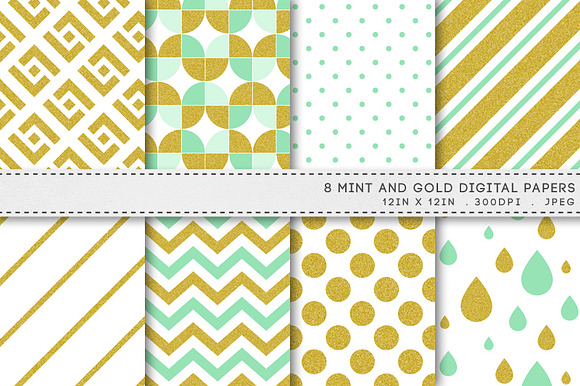 Mint And Gold Patterns Digital Paper preview 5