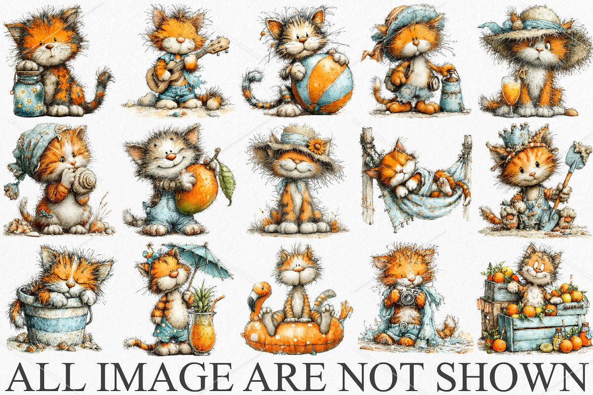 Whimsical Summer Cat Clipart Bundle, a Seasonal Illustration by Canvas Craft (Photo 3 of 7)