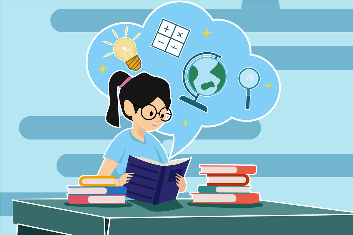 female students reading book vector, an Education Illustration by zyxroun shop