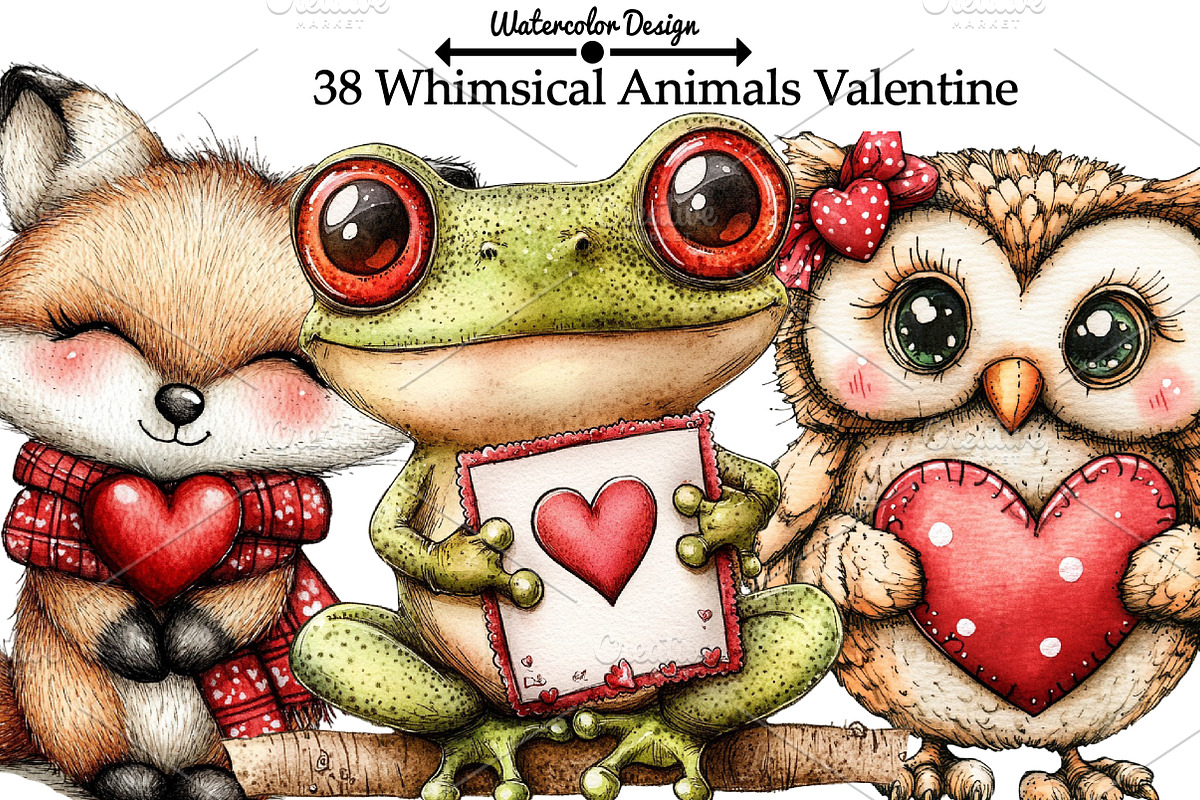 Whimsical Animals Valentine Day png, an Illustration by Watercolor design (Photo 1 of 6)