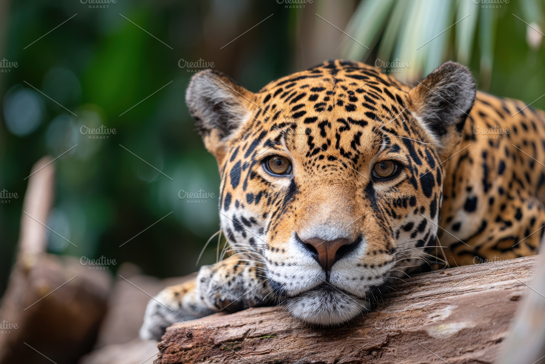 Majestic jaguar resting in lush greenery, an Animal Photo by AlyaAnd