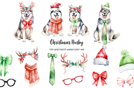 Watercolor Christmas husky clipart