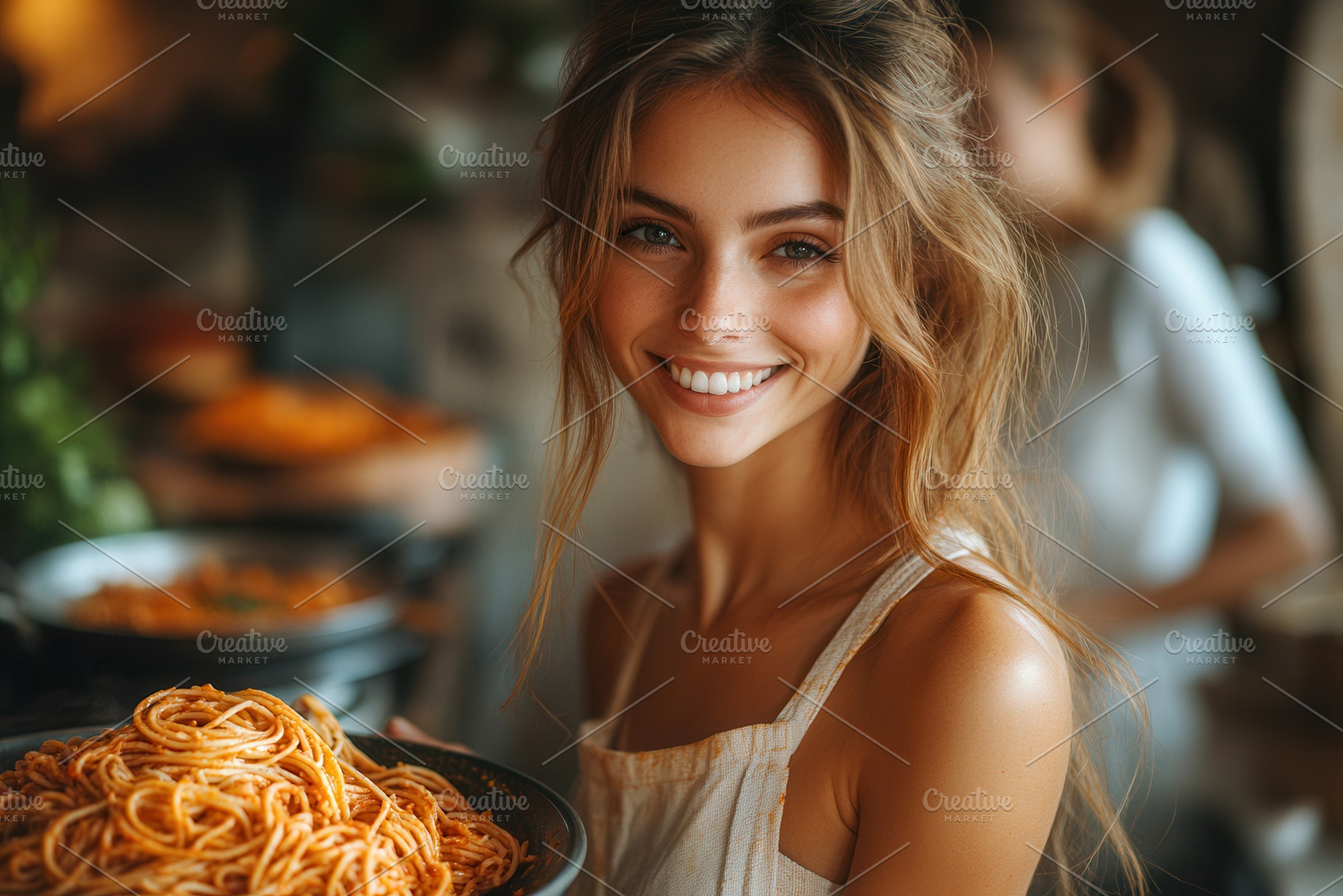Smiling woman holds a bowl of spaghe, a Photo by Tanuart