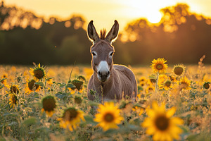 Donkey in Sunflower Field at Sunset, an Animal Photo by Pixeness Studio