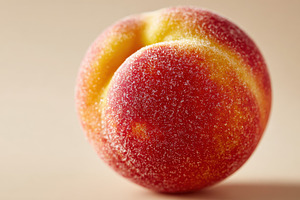 Ripe peach close-up on plain background, a Food & Drink Photo by AlyaAnd
