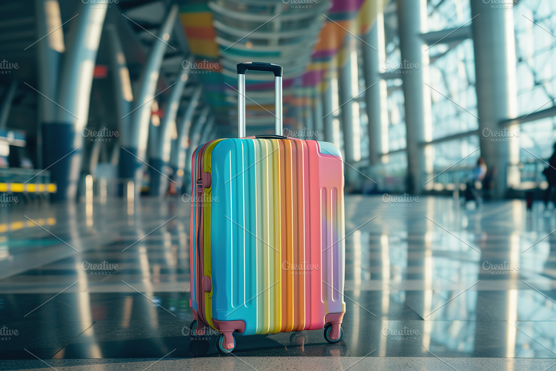 Luggage bag in an empty airport terminal. Travel concept, a Photo by AlyaAnd