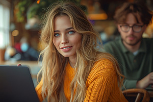 A young Caucasian woman with long hair smiles while working on her laptop in a, a Person Photo by ImageMir