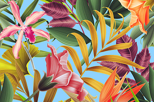 Seamless Tropical flowers and leaves