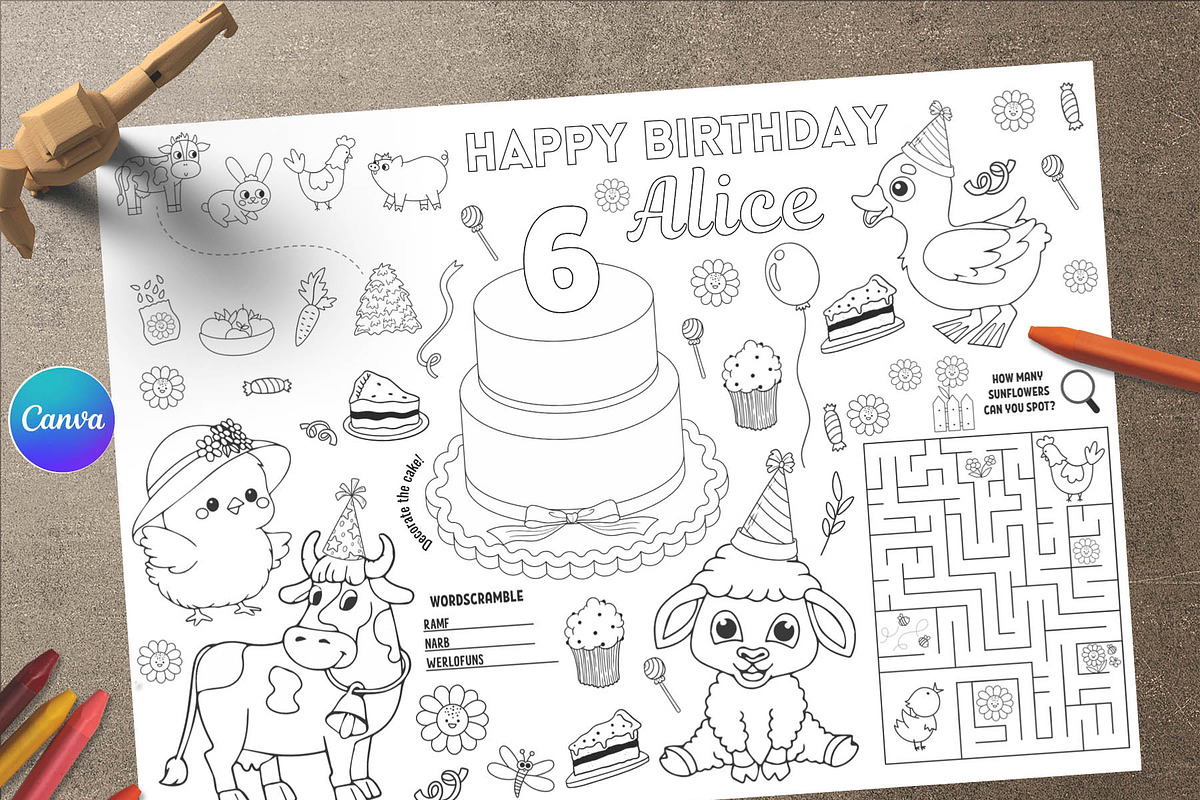 Birthday Activity & Coloring page, a Stationery Template by AIW SOLUTIONS (Photo 1 of 2)