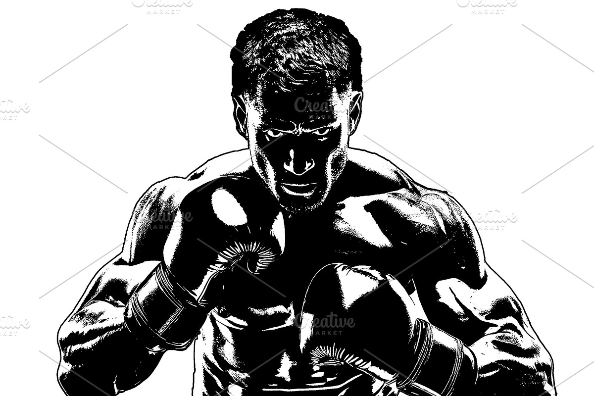 Man boxer in action medium shot portrait isolated graphic illust, a Sport Illustration by DanFLCreativo