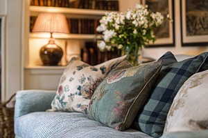 Comfortable sofa featuring patterned throw pillows, a warm lamp, and fresh flow, an Architecture Photo by Studio ANNA