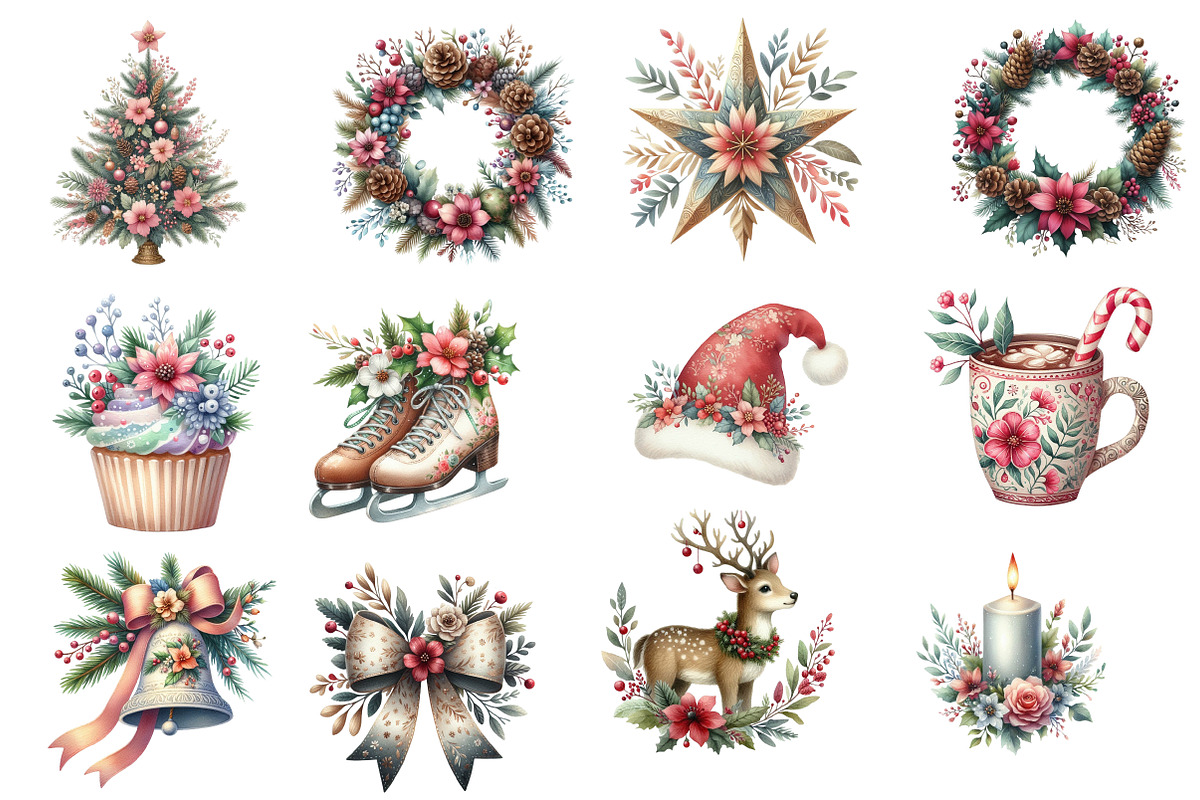 Watercolor Christmas floral Clipart, an Illustration by Designworld (Photo 3 of 6)