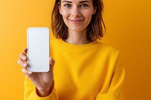 Smiling young woman in yellow mockup, a Technology Photo by MistyDay
