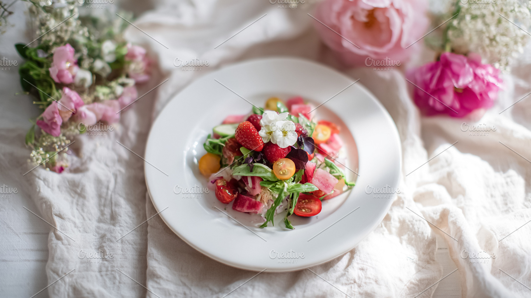 Colorful summer salad combining fresh fruits and vegetables, cre, a Photo by Studio ANNA