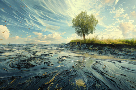 A lone tree rises from a small grass, a Photo by Tanuart