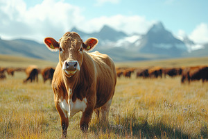 Brown cow standing in grassy field w, a Photo by Tanuart
