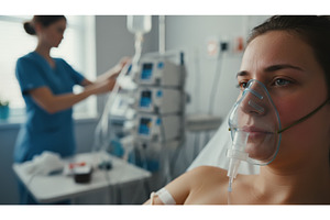 Woman patient wears an oxygen mask, a Health & Medical Photo by Igor Tichonow