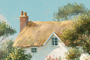 Cottage with thatched roof and vibrant summer garden, surrounded, an Illustration by Studio ANNA