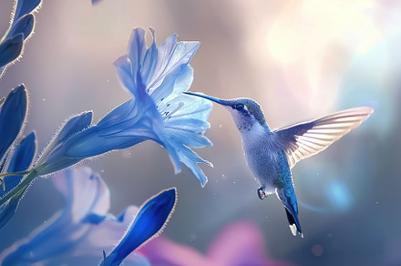 Hummingbird hanging in the air near the flower on blurred background, an Animal Photo by AlyaAnd
