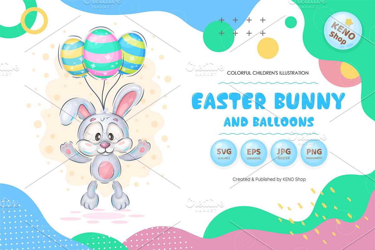 Easter bunny with balloons. Tshirt., an Animal Illustration by KENO Mascots (Photo 1 of 5)