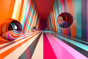 Futuristic Neon Tunnel with Reflective Metallic Spheres, an Abstract Photo by Natalia Klenova's Shop