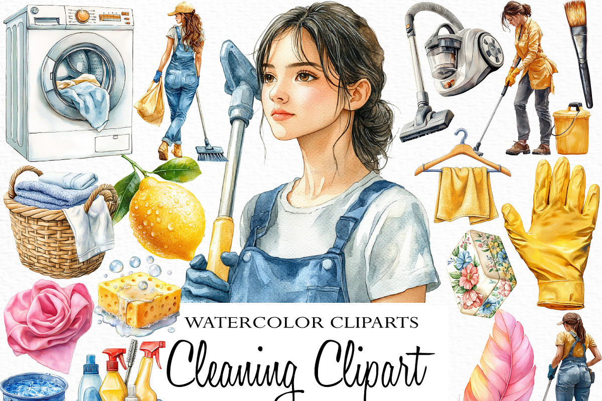 Watercolor Cleaning Clipart, an Illustration by Craft Nest (Photo 1 of 6)
