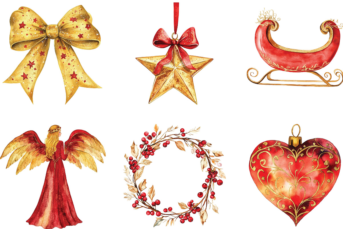 Red Gold Christmas Watercolor Clipar, an Illustration by CraftArtStudio (Photo 2 of 6)