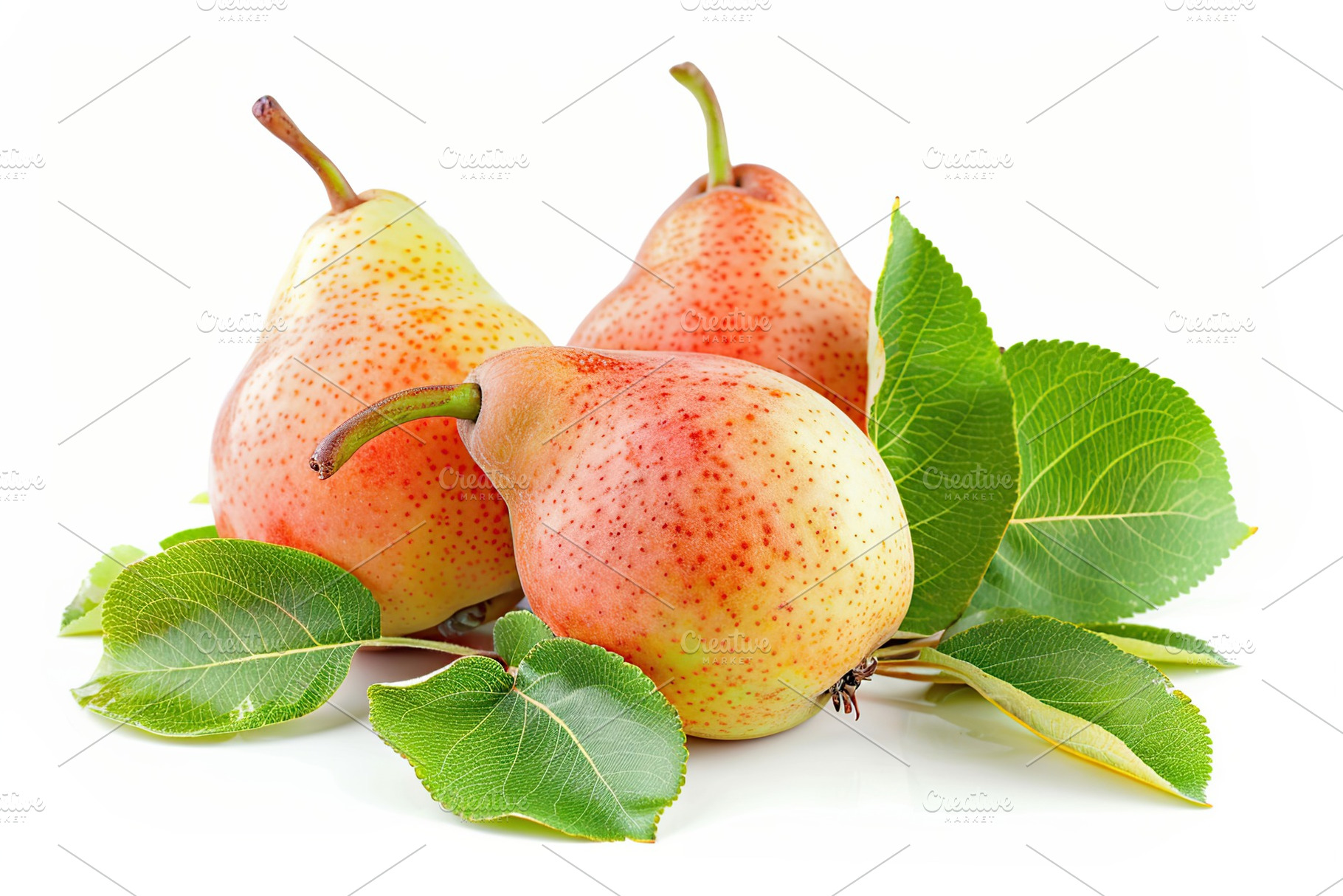 Red pears with green leafs on white background, a Food & Drink Photo by AlyaAnd