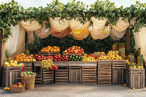 Vibrant summer market featuring wooden crates filled with fresh fruits and vege, a Food & Drink Photo by AlyaAnd