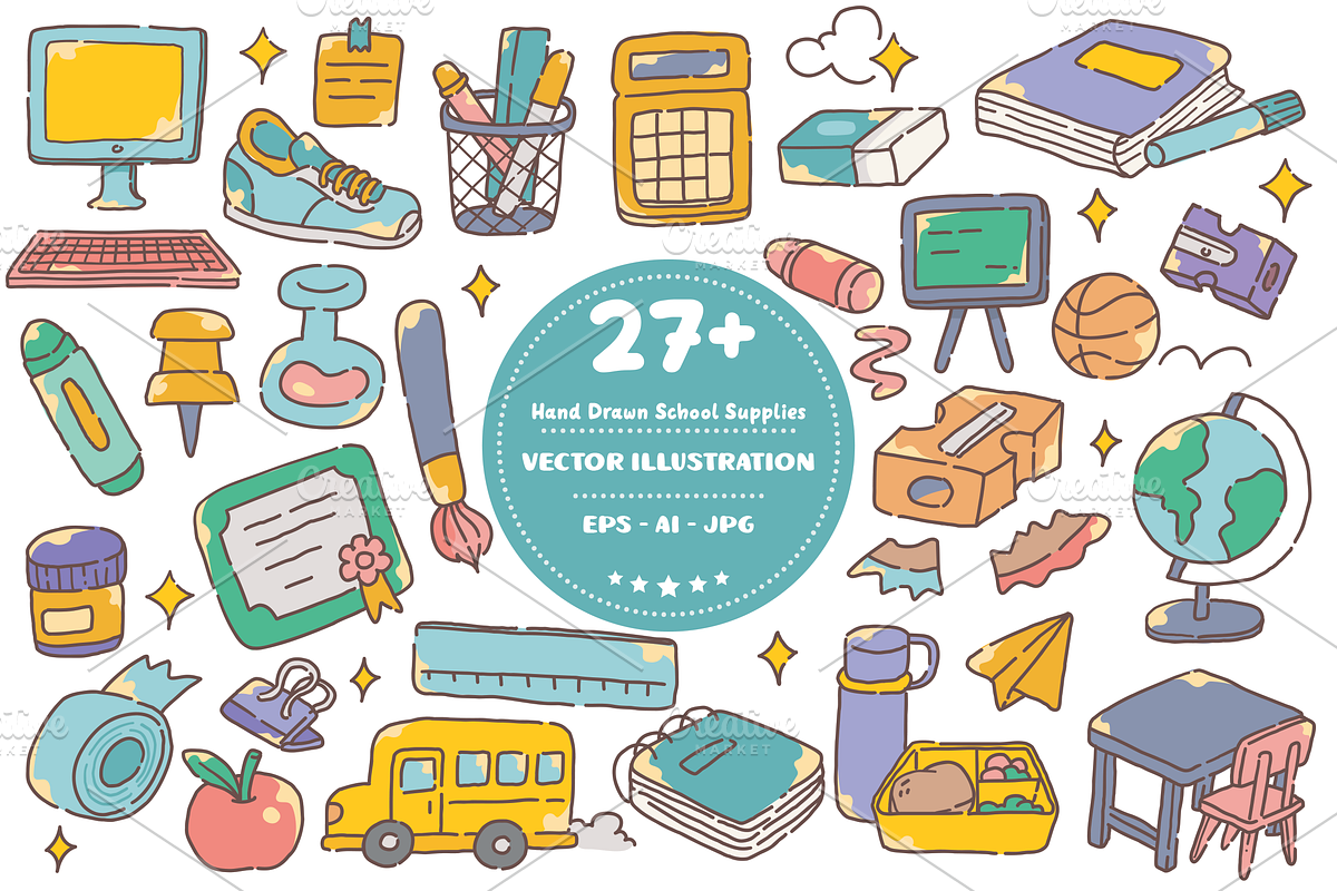 Hand Drawn School Supplies Doodles, an Object Graphic by dudellicious
