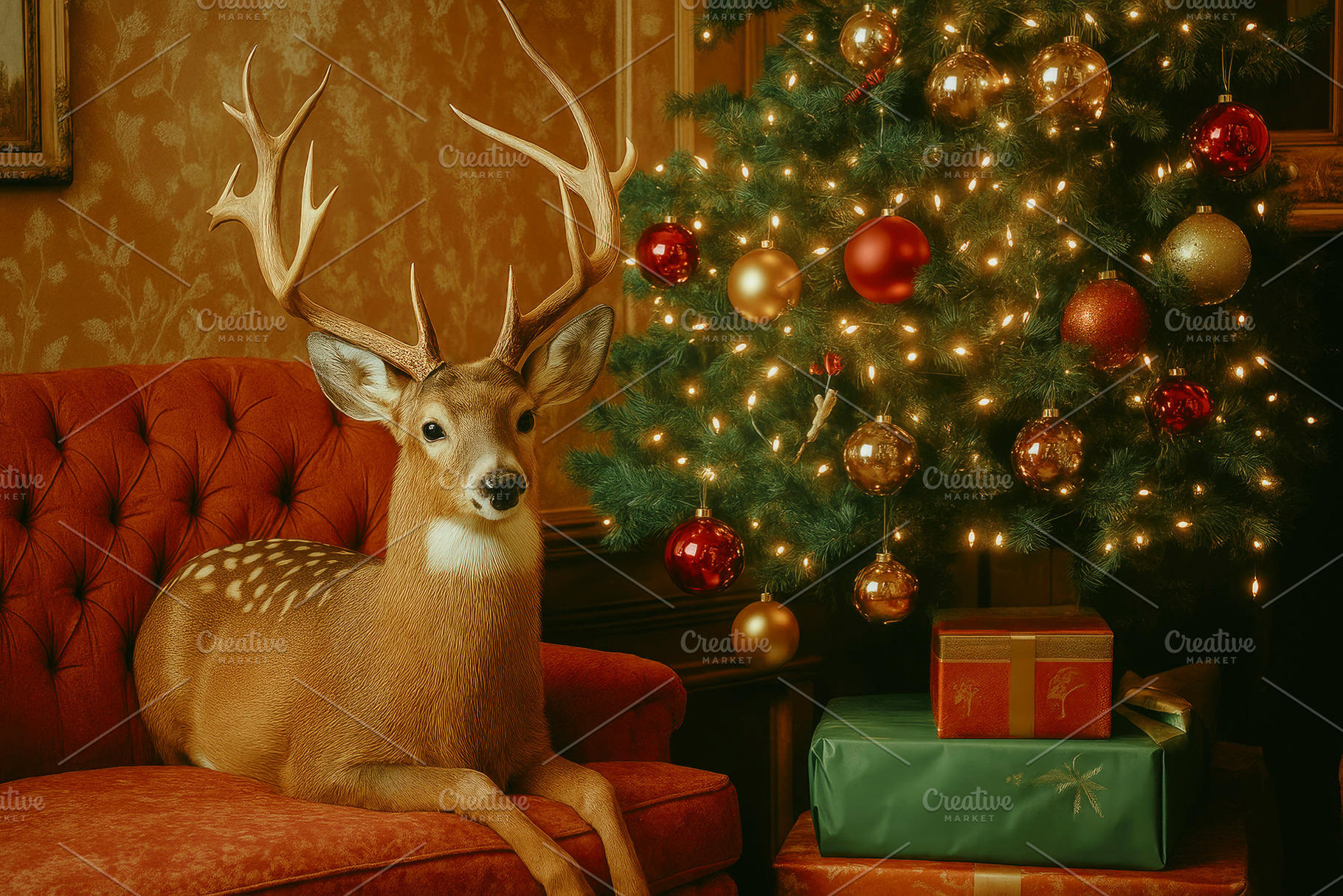 a deer by a christmas tree, generative AI, a Photo by Nito