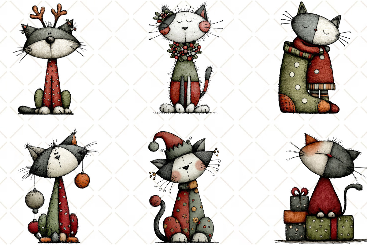 Whimsical Christmas Cats Clipart PNG, an Animal Illustration by Black Bird Studio (Photo 4 of 5)