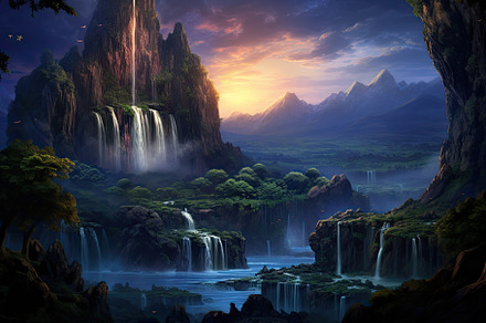 Fantasy landscape with a waterfall i, a Photo by Iftikhar Alam