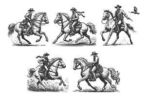 Cowboy Riding Horse engraving vector, a Person Illustration by AlexArt